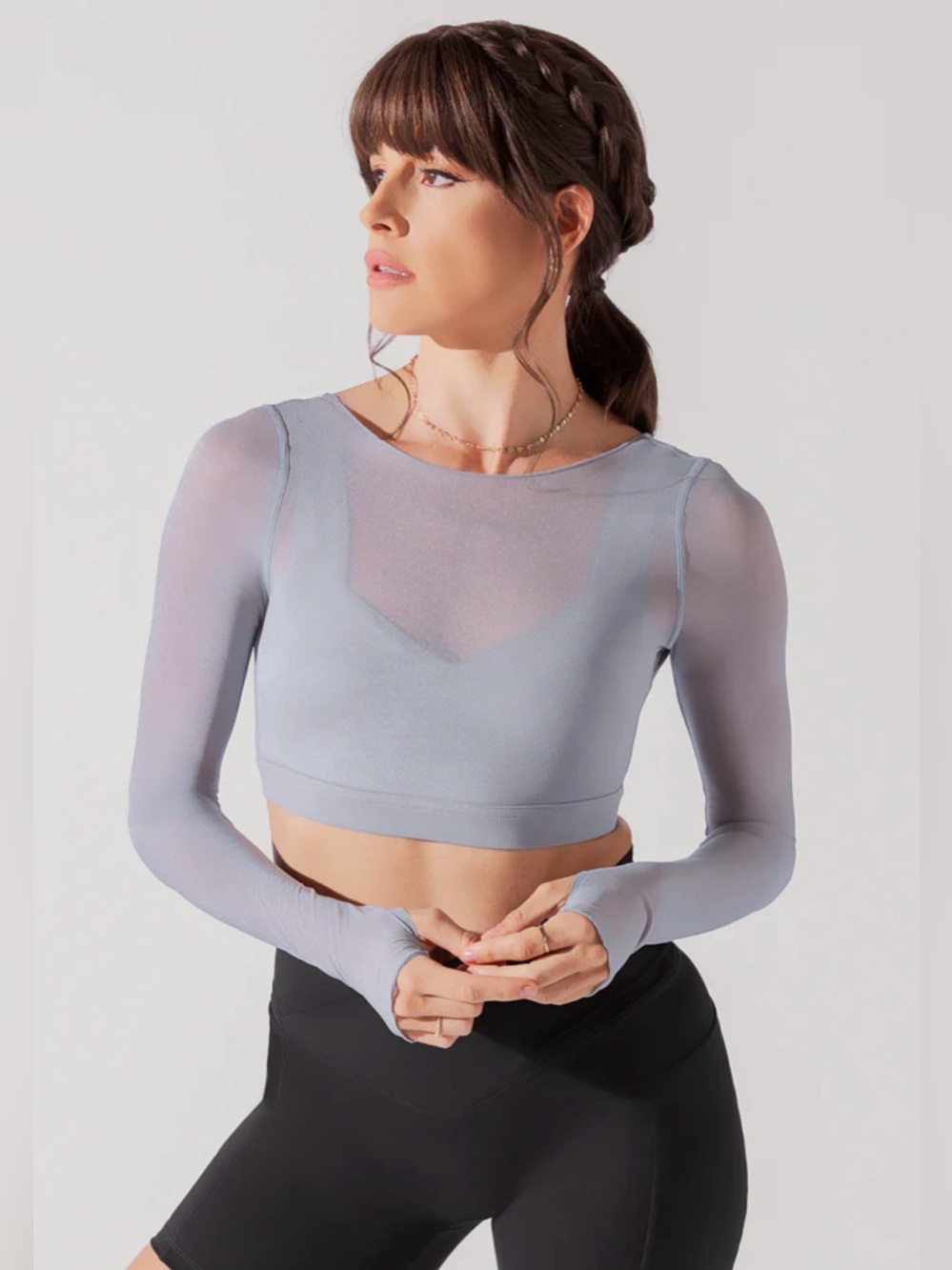 Popflex‎ Women’s Blue Stone Coquette Long Sleeve Mesh Bra Small
